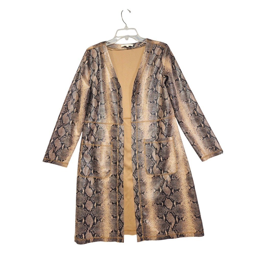 Solitaire Womens Snakeskin Print Open Front Duster Cardigan Brown Tan M 18-625S